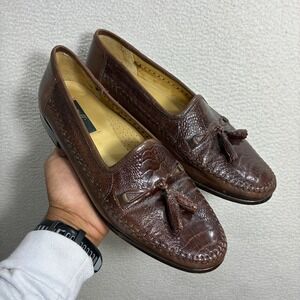 Zelli Tassel Loafers Men 9.5 Brown Ostrich Leather Slip On Dress Shoes Italy